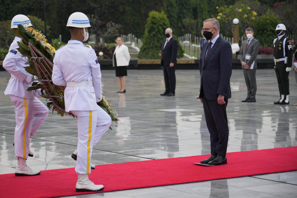 Australian Prime Minister Anthony Albanese attends a wreath laying ceremony at Kalibata Heroes Cemetery in Jakarta, Indonesia, Monday, June 6, 2022. (AP Photo/Achmad Ibrahim)