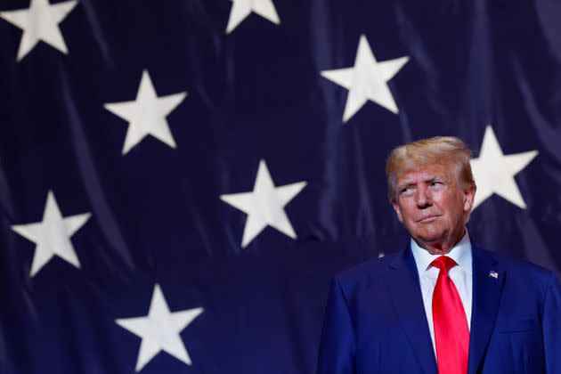 Former President Donald Trump arrives Saturday to deliver remarks to the Georgia state Republican convention. On Friday, he was indicted on 37 felony counts in connection with his handling of classified documents taking from the White House.
