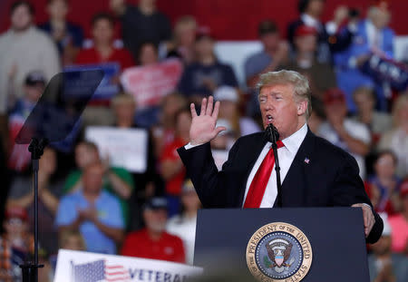 U.S. President Donald Trump holds a campaign rally in Erie, Pennsylvania, U.S., October 10, 2018. REUTERS/Leah Millis