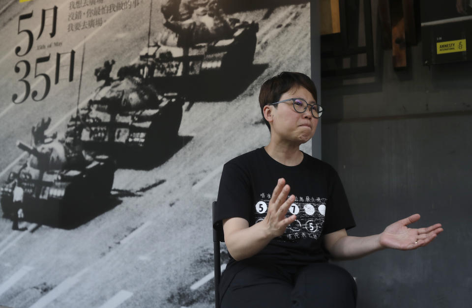 Lit Ming-wai, chairwoman of a now-disbanded art group that used to stage drama performances related to the crackdown in Hong Kong, speaks during an interview with The AP in Taipei, Taiwan, Thursday, June 1, 2023. This Sunday, June 4, 2023 will mark the 34th anniversary of China's 1989 crackdown on pro-democracy protesters at Beijing's Tiananmen Square. Though local commemoration appeared to be muted, many members of the Hong Kong diaspora are committed to keeping the flames alive overseas. (AP Photo/Chiang Ying-ying)