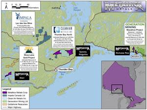 Location of Metallica Metals’ Ontario projects with respect to advanced adjacent properties (please refer to footnotes below for adjacent property references)