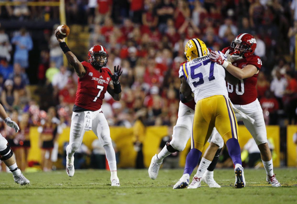 Davon Godchaux (57) is a three-year starter at defensive tackle for LSU. (AP Photo/Gerald Herbert)