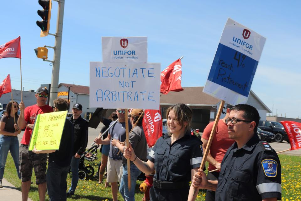 Sault Ste. Marie paramedics, alongside some students in training, occupy the intersection of Great Northern Road and Lukenda Drive Tuesday afternoon to air their grievances over wages and other pitfalls associated with the job. The local paramedics' union and employer are currently negotiating a new contract, with the last agreement having expired on April 1, 2023.