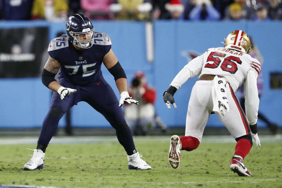 FILe - Tennessee Titans offensive tackle Dillon Radunz (75) plays against San Francisco 49ers defensive end Samson Ebukam (56) in the second half of an NFL football game Thursday, Dec. 23, 2021, in Nashville, Tenn. (AP Photo/Wade Payne, File)