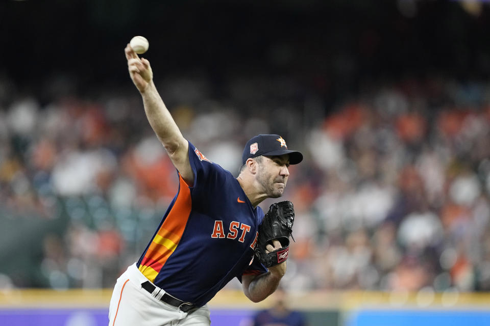 Houston Astros starting pitcher Justin Verlander throws against the Baltimore Orioles during the first inning of a baseball game Sunday, Aug. 28, 2022, in Houston. (AP Photo/David J. Phillip)