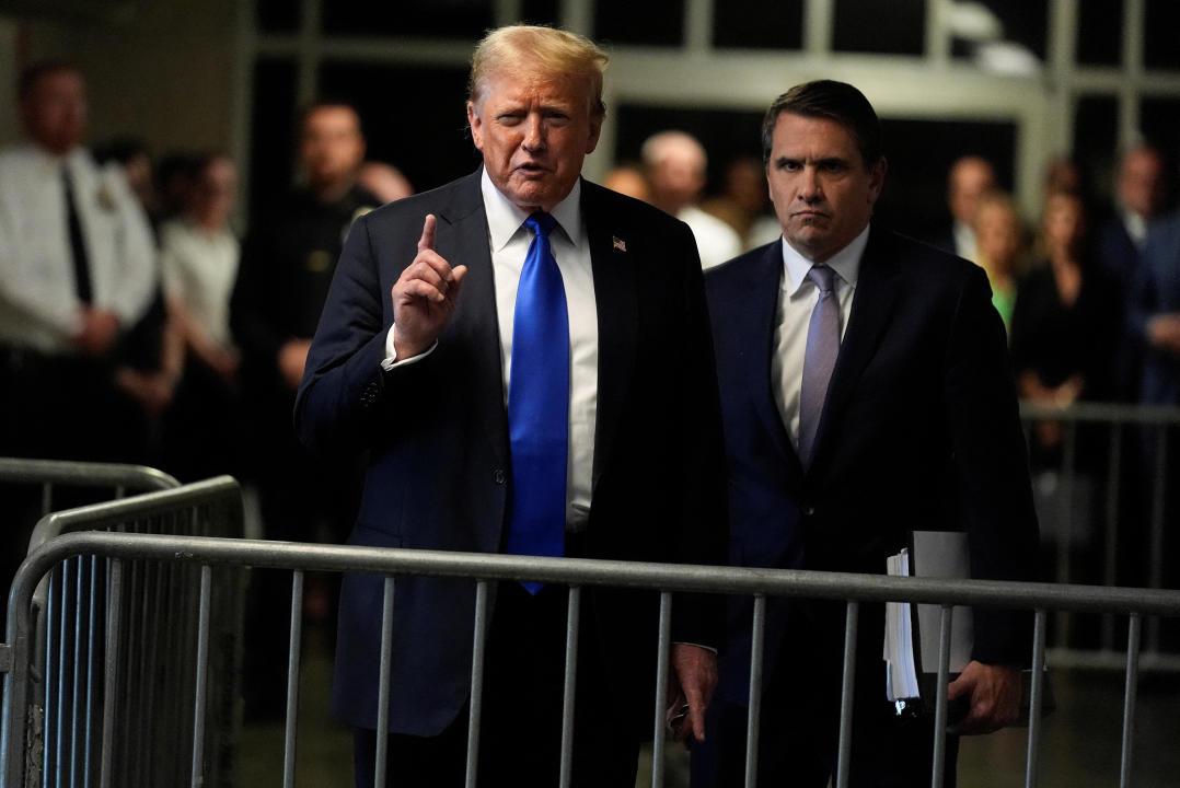 Donald Trump comments to members of the media after being found guilty on 34 felony counts of falsifying business records in the first degree at Manhattan Criminal Court on Thursday. (Seth Wenig/Pool via Reuters)