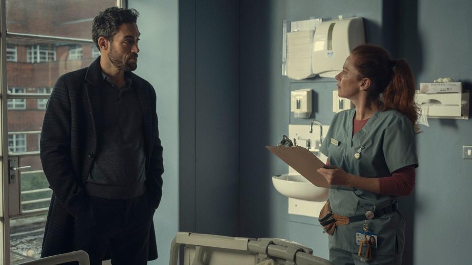 Alex Hassell as Dr Lawrence and Anna Friel as Nurse McKenzie in Locked In