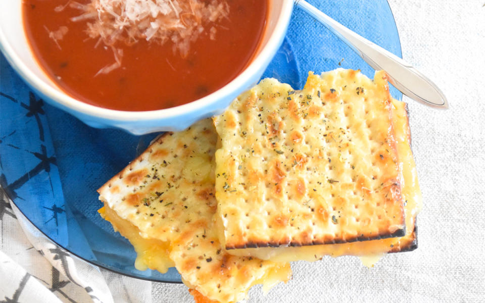 <p>TERESA BLACKBURN</p><p>If you seek a grilled cheese with extra crunch, swap out the bread for matzo sheets. </p><p><strong>Get the recipe: <a href="https://parade.com/842601/communitytable/crunchy-cracker-grilled-cheese/" rel="nofollow noopener" target="_blank" data-ylk="slk:Crunchy Cracker Grilled Cheese;elm:context_link;itc:0;sec:content-canvas" class="link ">Crunchy Cracker Grilled Cheese</a></strong></p><p><strong>Related: </strong><strong><a href="https://www.yahoo.com/lifestyle/secret-ingredient-crispy-crunchy-perfectly-123000813.html" data-ylk="slk:The Secret Ingredient for Crispy, Crunchy, Perfectly Golden Grilled Cheese Every Time;elm:context_link;itc:0;sec:content-canvas;outcm:mb_qualified_link;_E:mb_qualified_link;ct:story;" class="link  yahoo-link">The Secret Ingredient for Crispy, Crunchy, Perfectly Golden Grilled Cheese Every Time</a></strong></p>