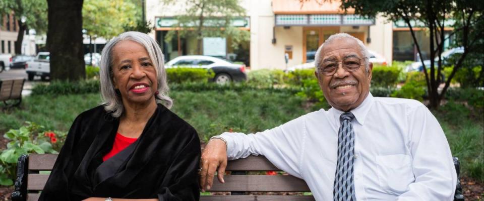 SAVANNAH, GEORGIA OCTOBER 8: Unidentified retired African American couple enjoying the afternoon at one of the popular city squares in historical Savannah on October 8, 2013.