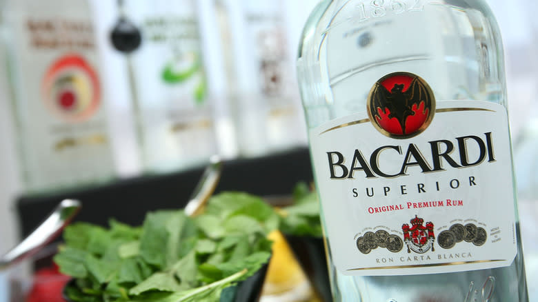 Close-up of a bottle of Bacardi Superior white rum