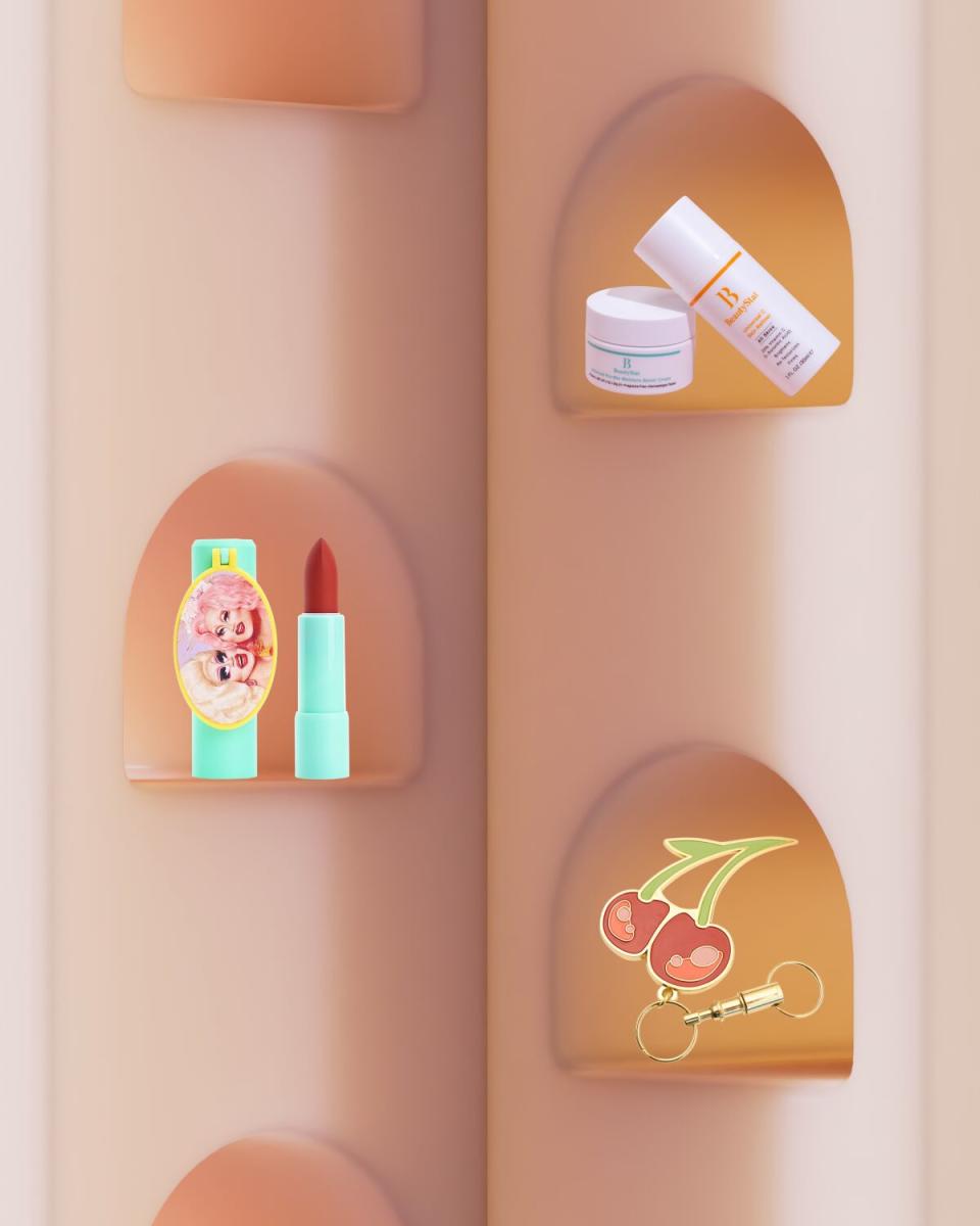 Abstract cream built-in shelves with gift guide items inside