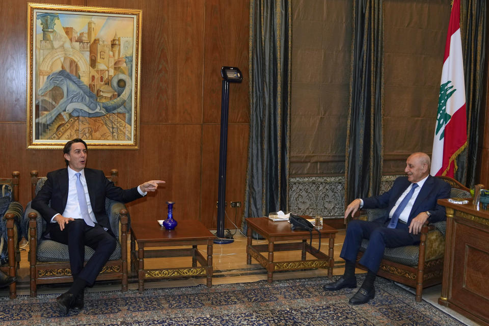 Senior Advisor to U.S. President Biden, Amos Hochstein, left, meets with Parliament Speaker Nabih Berri in Beirut, Lebanon, Monday, March 4, 2024. Hochstein, a senior adviser to U.S. President Joe Biden, discussed with Lebanese officials Monday a diplomatic solution for the Lebanon-Israel border saying that if a truce is reached in the Gaza Strip it will not automatically mean that there will be calm along Lebanon's southern border. (AP Photo/Bilal Hussein)