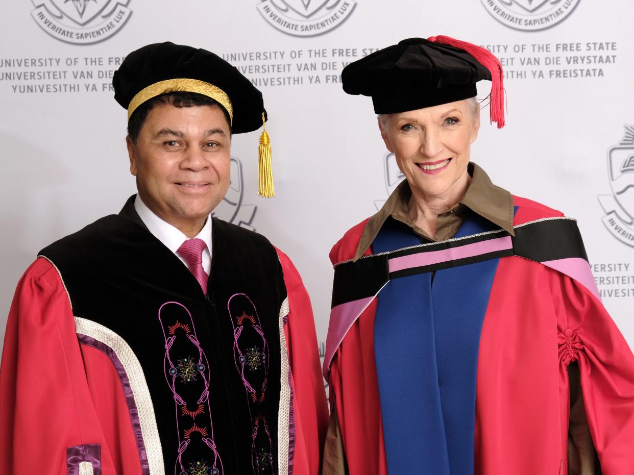 Prof Francis Petersen, Rector and Vice-Chancellor of the University of the Free State (UFS), and Dr Maye Musk, recipient of an honorary doctorate in Dietetics, after the graduation ceremony.