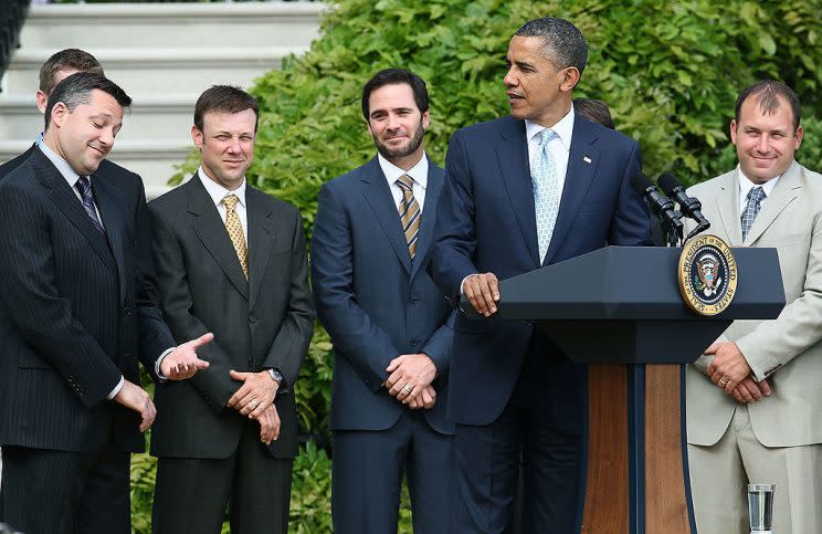 President Obama congratulates Tony Stewart in 2012. (Getty Images)