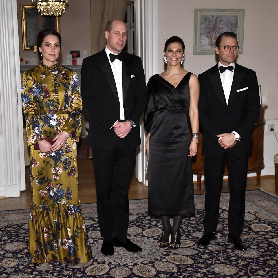 Britain’s Prince William, Catherine Duchess of Cambridge, Crown Princess Victoria and Prince Daniel pose for photographers prior to a dinner at the British Ambassador’s residence in Stockholm, Sweden, January 30, 2018. TT News Agency/Claudio Bresciani/via REUTERS