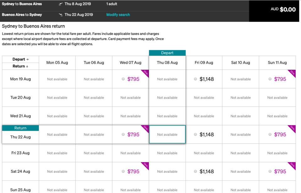 Air New Zealand website showing Sydney to Buenos Aires return flights for $795. (Image: Yahoo Finance screenshot)