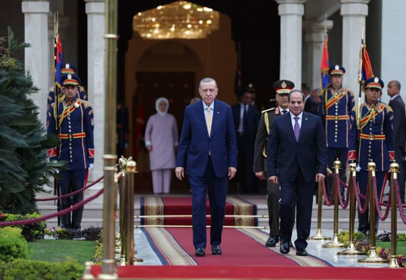 President of Egypt Abdel Fattah al-Sisi (R) welcomes Presdient of Turkey Recep Tayyip Erdogan (L) with military honer ahead of their joint meeting. Erdogan arrived in Cairo on 14 February for talks with al-Sisi in a landmark visit that comes after around a decade of diplomatic strain between the two countries. -/Presidency of the Republic of Turkey/dpa