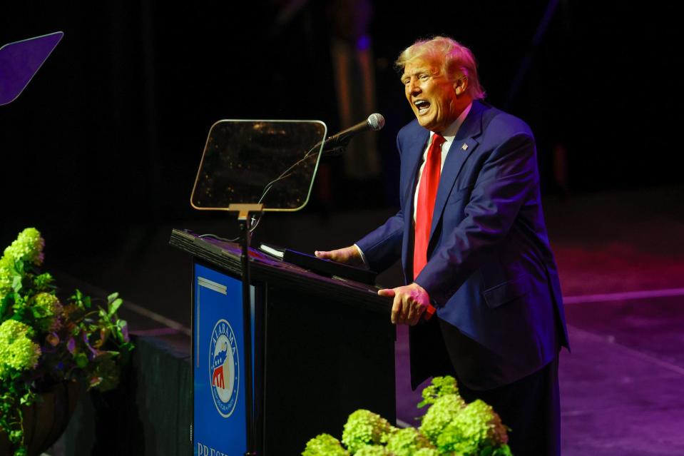 Former President Donald Trump speaks at a fundraiser for the Alabama Republican party on Friday, Aug. 4, 2023, in Montgomery, Alabama.