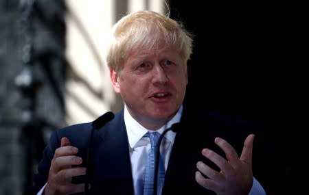 FILE PHOTO: Britain's Prime Minister Boris Johnson delivers a speech outside Downing Street in London