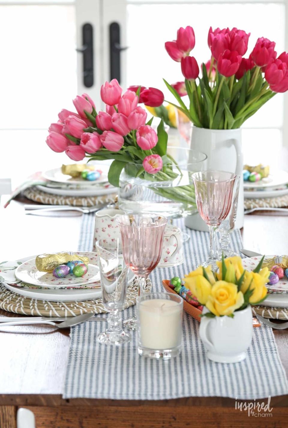 easter table setting with flowers and candies