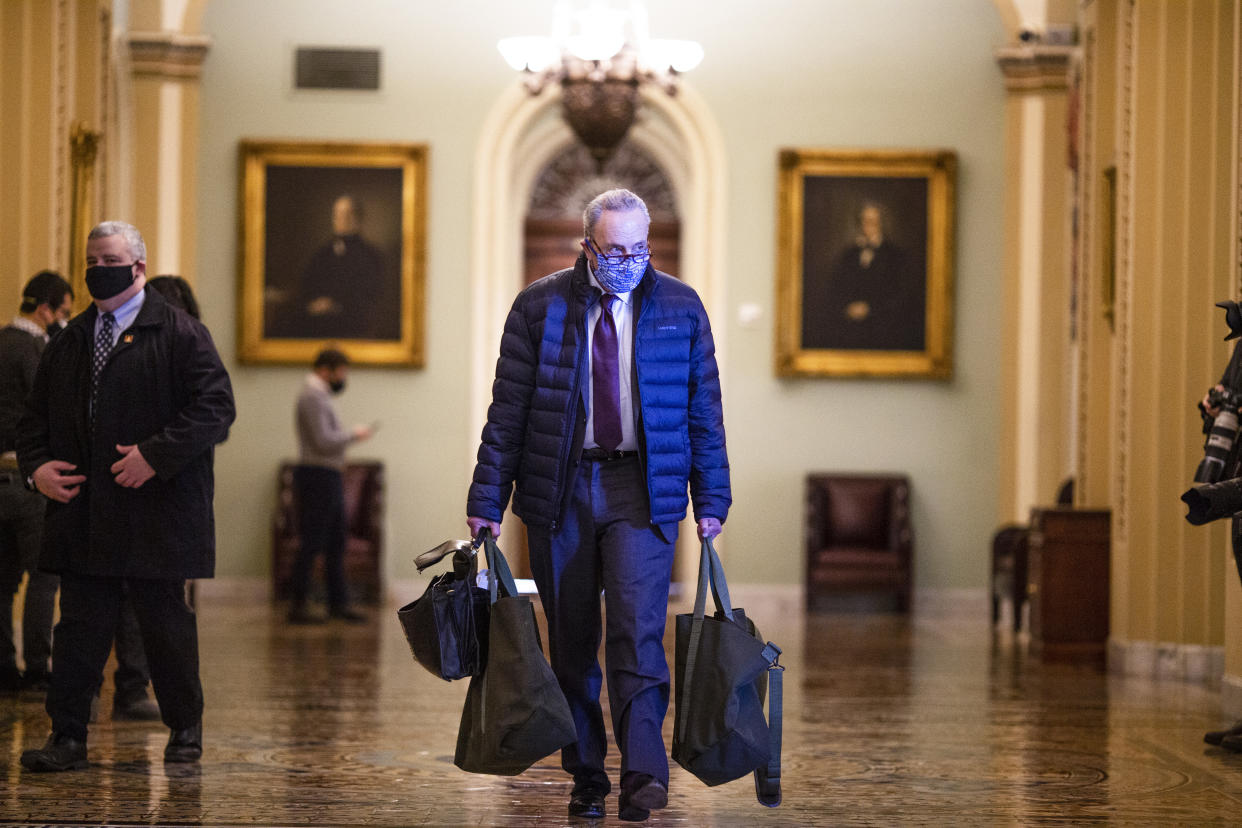 WASHINGTON, DC - DECEMBER 29: Senate Minority Leader Chuck Schumer (D-NY) arrives on Capitol Hill on December 29, 2020 in Washington, DC. Senate Majority Leader Mitch McConnell (R-KY) said the Senate would “begin a process” to consider larger stimulus checks for Americans from the proposed $600 to $2,000 on Wednesday.  (Photo by Tasos Katopodis/Getty Images)