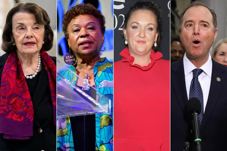 WASHINGTON, DC - MAY 11: Sen. Dianne Feinstein (D-CA) in the Senate subway on Capitol Hill on Wednesday, May 11, 2022 in Washington, DC. (Kent Nishimura / Los Angeles Times via Getty Images); Rep. Barbara Lee (D-CA) speaks on stage about the change of the face of power in the United States after a history making number of diverse members were sworn into Congress the past elections, during a keynote discussion of the Netroots Nation progressive grassroots convention in Philadelphia, PA, on July 13, 2019. (Photo by Bastiaan Slabbers/NurPhoto via Getty Images); LOS ANGELES, CALIFORNIA - NOVEMBER 15: Honoree, United States Representative, Katie Porter attends the 2021 InStyle Awards at The Getty Center on November 15, 2021 in Los Angeles, California. (Photo by Jon Kopaloff/Getty Images for InStyle); WASHINGTON, DC - JANUARY 22: House impeachment managers (L-R) Rep. Jason Crow (D-CO), Sen. Adam Schiff (D-CA), Rep. Sylvia Garcia (D-TX), Rep. Zoe Lofgren (D-CA), Rep. Jerrold Nadler (D-NY) and Rep. Hakeem Jeffries (D-NY) talk to reporters before the second day of the Senate impeachment trial of President Donald Trump at the U.S. Capitol January 22, 2020 in Washington, DC. Both the House managers and Trump's defense lawyers were admonished by Chief Justice John Roberts during Tuesday's 13-hour-long session. (Photo by Chip Somodevilla/Getty Images)