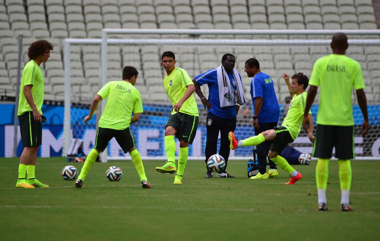 Brazil's squad take part in a training session in Castelao Stadium in Fortaleza on June 16, 2014