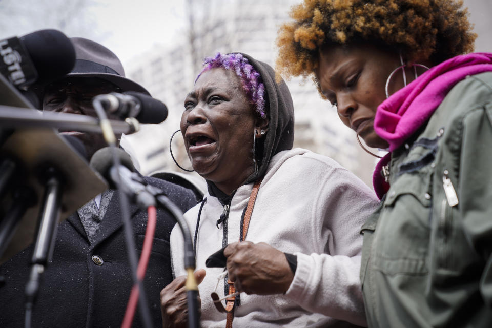 Angie Golson, grandmother of Daunte Wright, cries as she speaks during a news conference outside the Hennepin County Government Center, Tuesday, April 13, 2021, in Minneapolis. Daunte Wright, 20, was shot and killed by police Sunday after a traffic stop in Brooklyn Center, Minn. (AP Photo/John Minchillo)