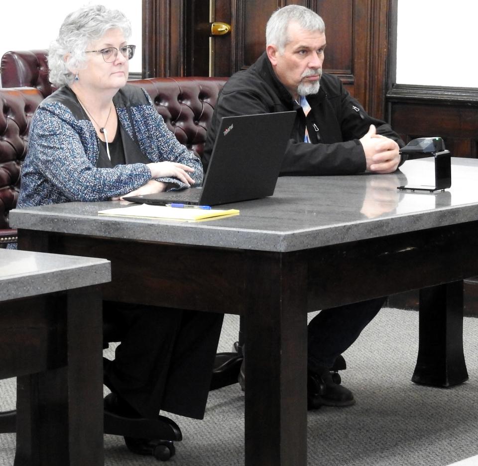 Attorney Marie Seiber with client Marvin Yoder in Coshocton County Common Pleas Court. Yoder received an indefinite term of 5 to 7.5 year in prison for possession of drugs related to methamphetamine, a second-degree felony.
