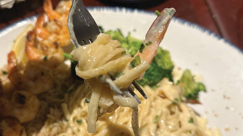 Shrimp alfredo on fork