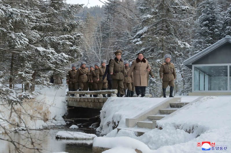 KCNA picture of North Korean leader Kim Jong Un visiting battle sites in areas of Mt Paektu