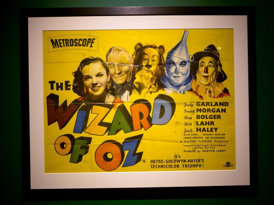 In this Tuesday, Oct. 8, 2013 photo, a poster from the movie, "The Wizard of Oz" is displayed at the Farnsworth Museum, in Rockland, Maine. The world's largest collection of materials from the movie is being exhibited a few months after the release of a prequel to the original film and the release of the original movie in I-Max format. (AP Photo/Robert F. Bukaty)