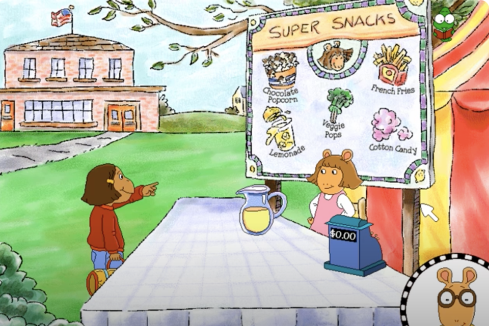 Illustration of a child at a lemonade stand with a sign reading "Super Snacks," featuring various treats