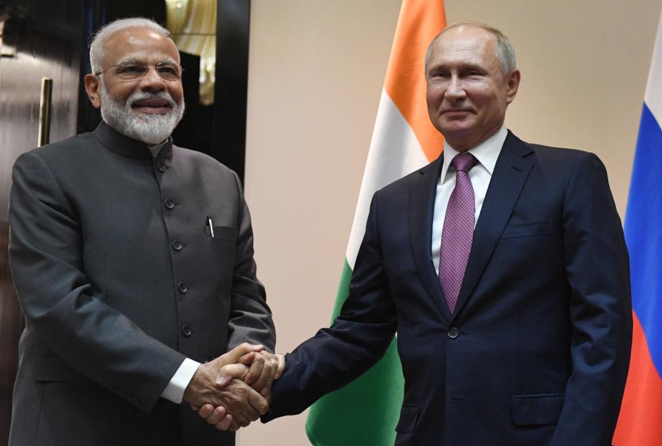 FILE- Russian President Vladimir Putin, right, and Indian Prime Minister Narendra Modi pose for a photo prior to their talks on a sideline of the Shanghai Cooperation Organization summit in Bishkek, Kyrgyzstan, June 13, 2019. The Kremlin on Thursday, July 4, 2024 said Indian Prime Minister Narendra Modi will visit Russia on July 8-9 and hold talks with Russian President Vladimir Putin. (Grigory Sysoyev, Sputnik, Kremlin Pool Photo via AP, File)
