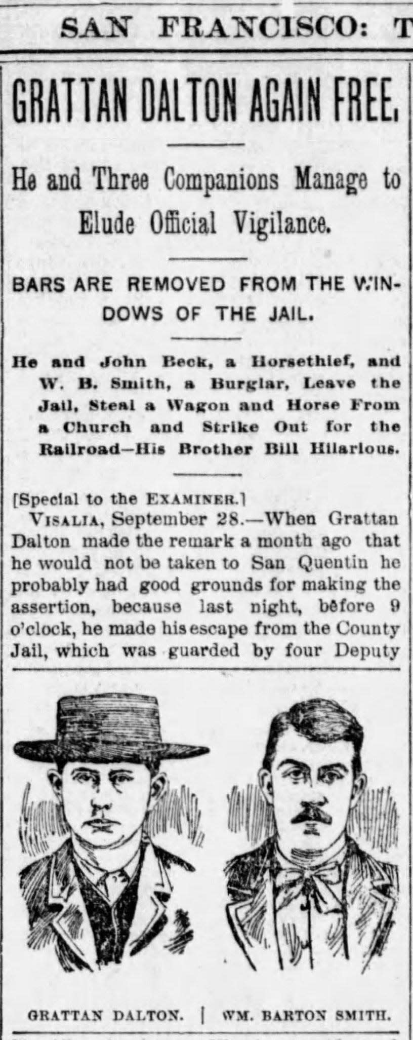 William Randolph Hearst's San Francisco Examiner, article about Grat Dalton's escape from the Tulare County Jail in Visalia on September 27, 1891.