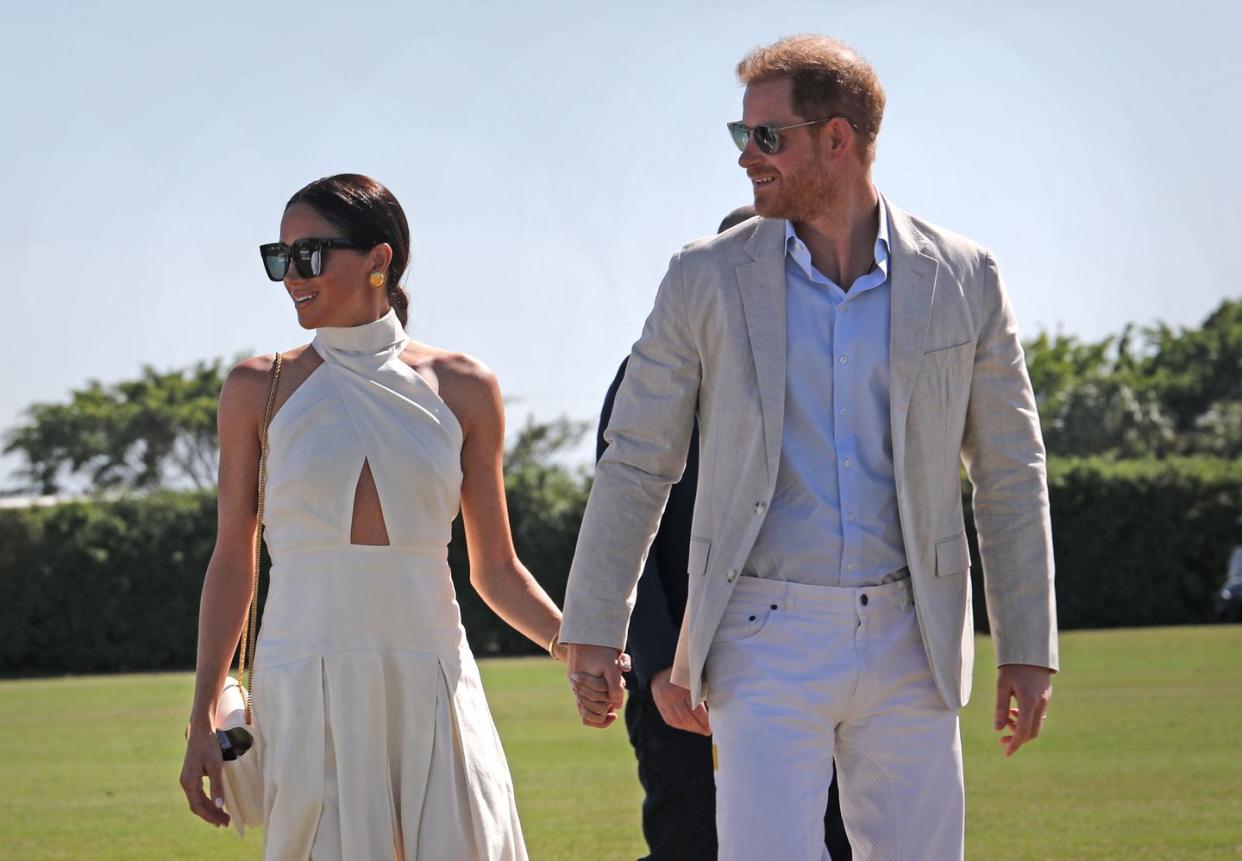 the duke and duchess of sussex during the royal salute polo challenge, to benefit sentebale, at the uspa national polo center in wellington, florida, us picture date friday april 12, 2024 photo by yaroslav sabitovpa images via getty images