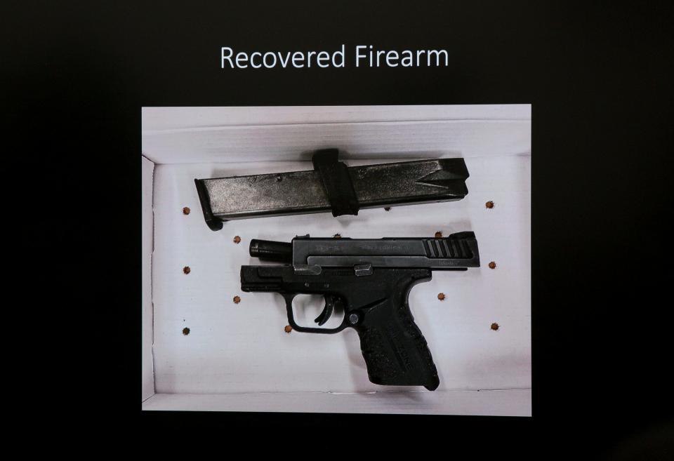 Indian River County Sheriff Eric Flowers said this was the 9mm handgun with an extended magazine recovered that was used in killing two Brevard County men in the Vero Lake Estates neighborhood of Indian River County on Monday, March 11, 2024.