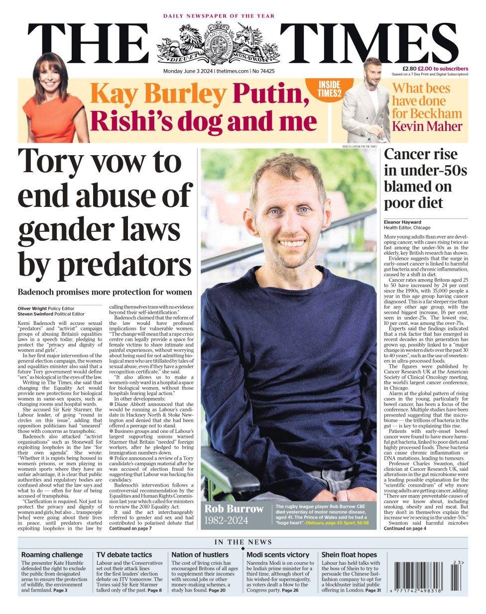 The headline in the Times reads: Tory vow to end abuse of gender laws by predators