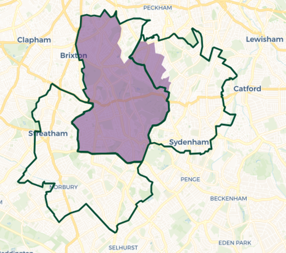 Dulwich and West Norwood constituency map. Purple shaded area: Current constituency boundary. Green outlines new constituency boundaries (© OpenStreetMap contributors | © CARTO)