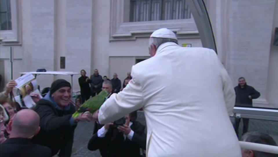 In this image made from video distributed by CTV, a man offers his parrot to Pope Francis during his tour through the crowd in St. Peter's Square, part of his weekly general audience at the Vatican, Wednesday, Jan. 29, 2014. (AP Photo/CTV)