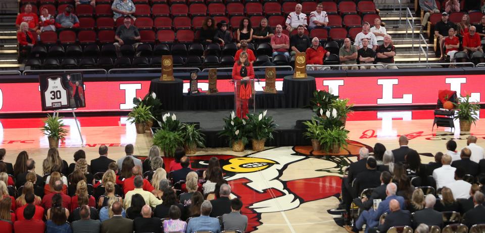 Susan Sweeney Crum spoke at the Denny Crum Celebration of Life Monday night at KFC Yum Center.May 15, 2023