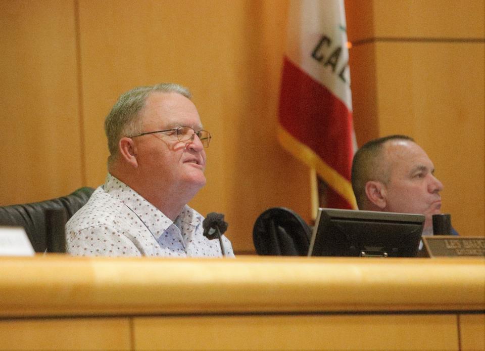 FILE PHOTO: Les Baugh, chairman of the Shasta County Board of Supervisors, left, conducts a rare night meeting next to Supervisor Patrick Jones on Tuesday, March 29, 2022. The agenda centered on an ambitious proposal for a new, multi-service jail, with a wagon-wheel design.