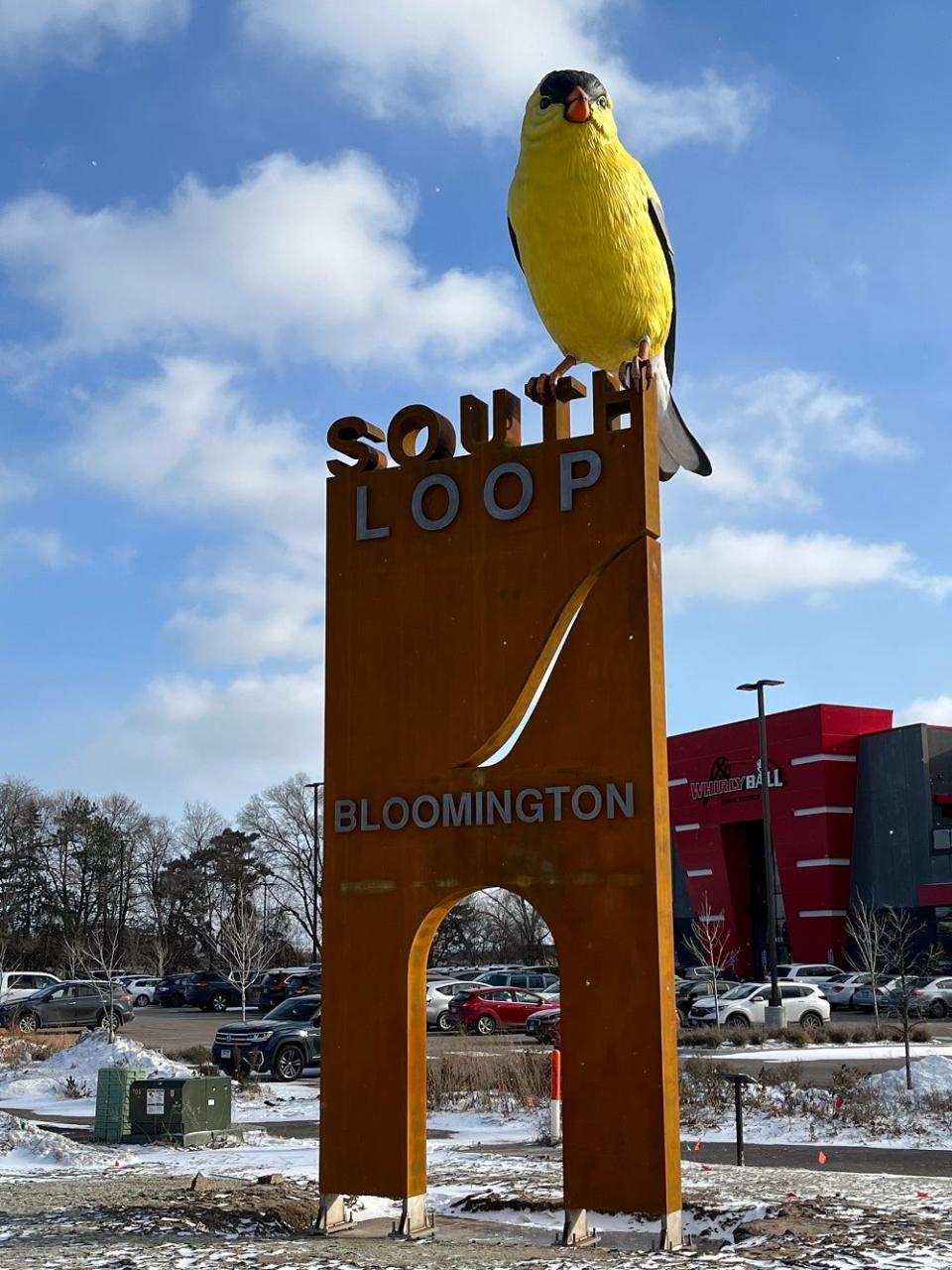 The Goldfinch, a public art installation in Bloomington, Minnesota, aims to "help create a more distinctive sense of place and identity." Created by artist Donald Lipski, the city said the piece "was inspired by the 250+ migratory birds that pass through the Minnesota Valley National Wildlife Refuge."