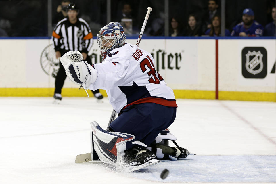 Washington Capitals goaltender Darcy Kuemper watches a shot by the New York Rangers go wide of the net during the second period of an NHL hockey game Tuesday, Dec. 27, 2022, in New York. (AP Photo/Adam Hunger)