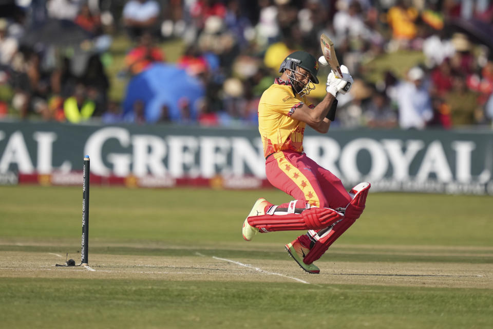 Zimbabwe batsman Sikandar Rasa avoids a ball during the T20 cricket between Zimbabwe and India at Harare Sports club,Sunday, July 7,2024. (AP Photo/Tsvangirayi Mukwazhi)