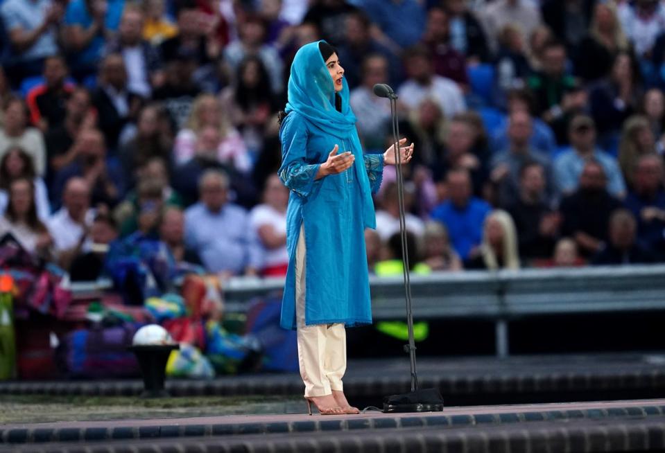 Pakistani activist Malala Yousafzai addresses the crowd during the Commonwealth Games opening ceremony (David Davies/PA) (PA Wire)