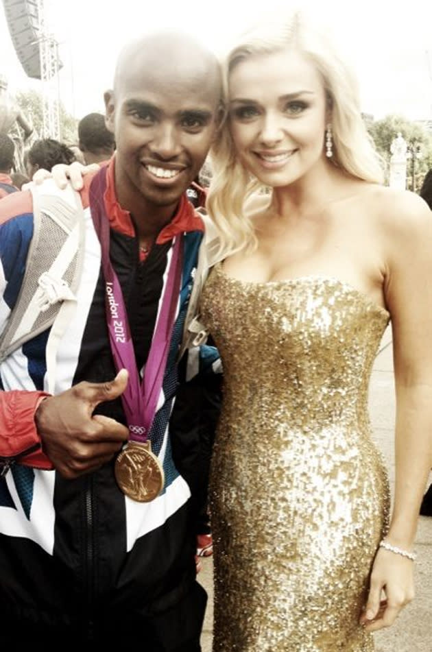 Celebrity photos: Katherine Jenkins performed at the Olympics Parade earlier this week. After her performance, she scouted out some athletes and had her photo taken with them. She tweeted this one of her with Mo Farah, alongside the caption: “Highlight of the day... Meeting @Mo_Farah #Starstruck”