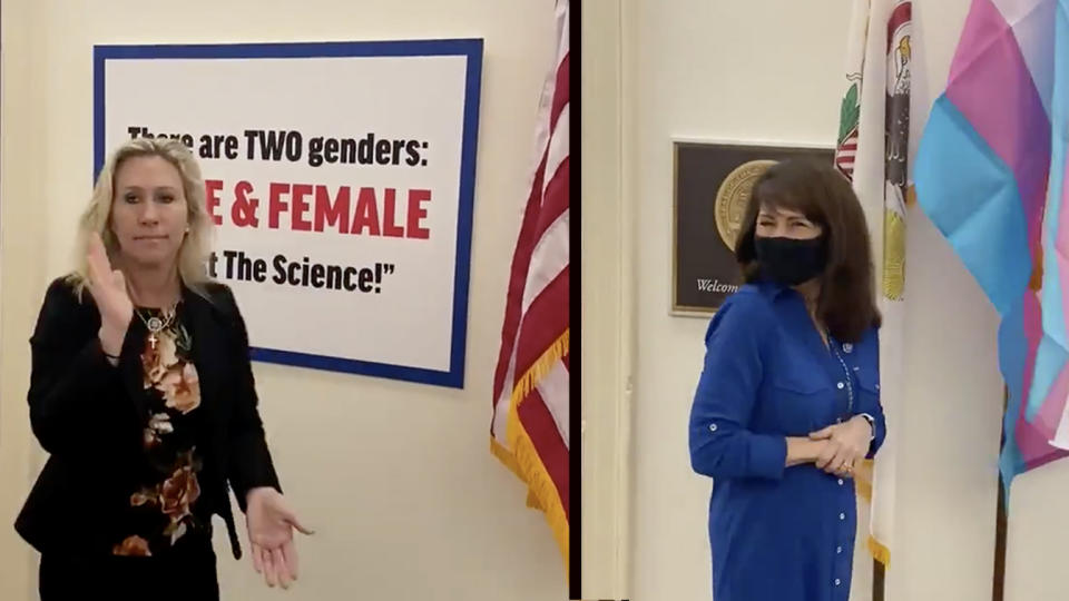 Rep. Marjorie Taylor Greene, R-Ga., and Rep. Marie Newman, D-Ill. (Screengrabs via Twitter)