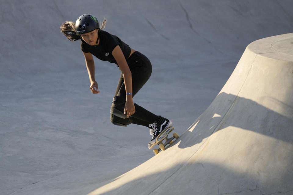 FILE - Kokona Hiraki of Japan competes in the Women's final of the Skateboard Park 2023 World Championships, a qualifying event for the Paris Olympic Games, at Ostia's Skatepark outside Rome, Sunday, Oct. 8, 2023. (AP Photo/Gregorio Borgia, File)