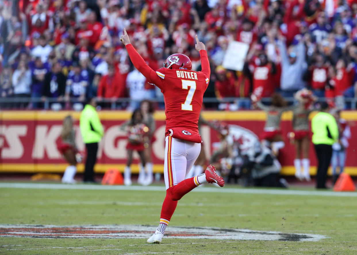 Kansas City Chiefs kicker Harrison Butker (7) 